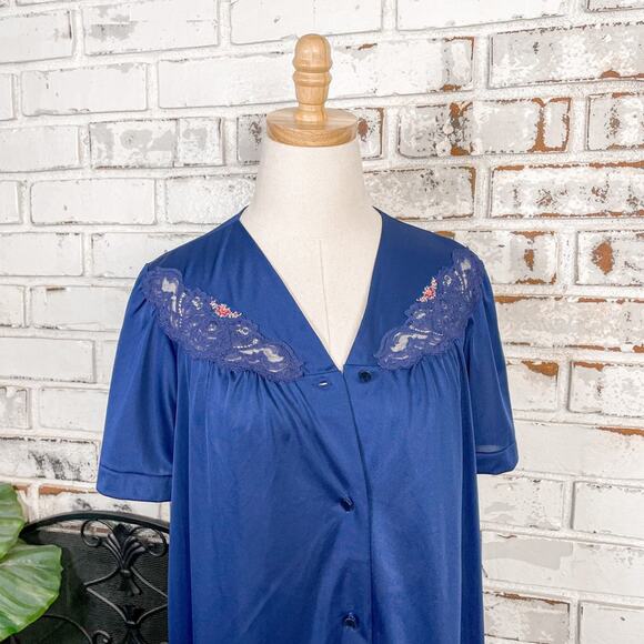 Vintage 70s Blue Floral Lace Detail Short Sleeve Button Down Lightweight Set S - Picture 2 of 8